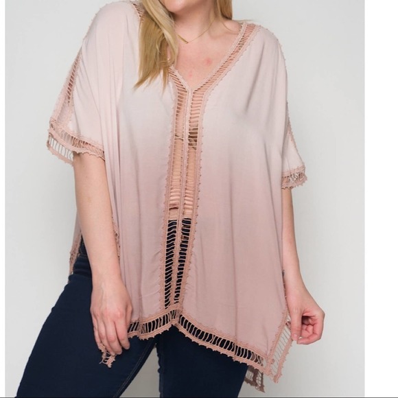 Janette Plus Tops - Tie dye Tunic with Ladder Lace Trim - 3X